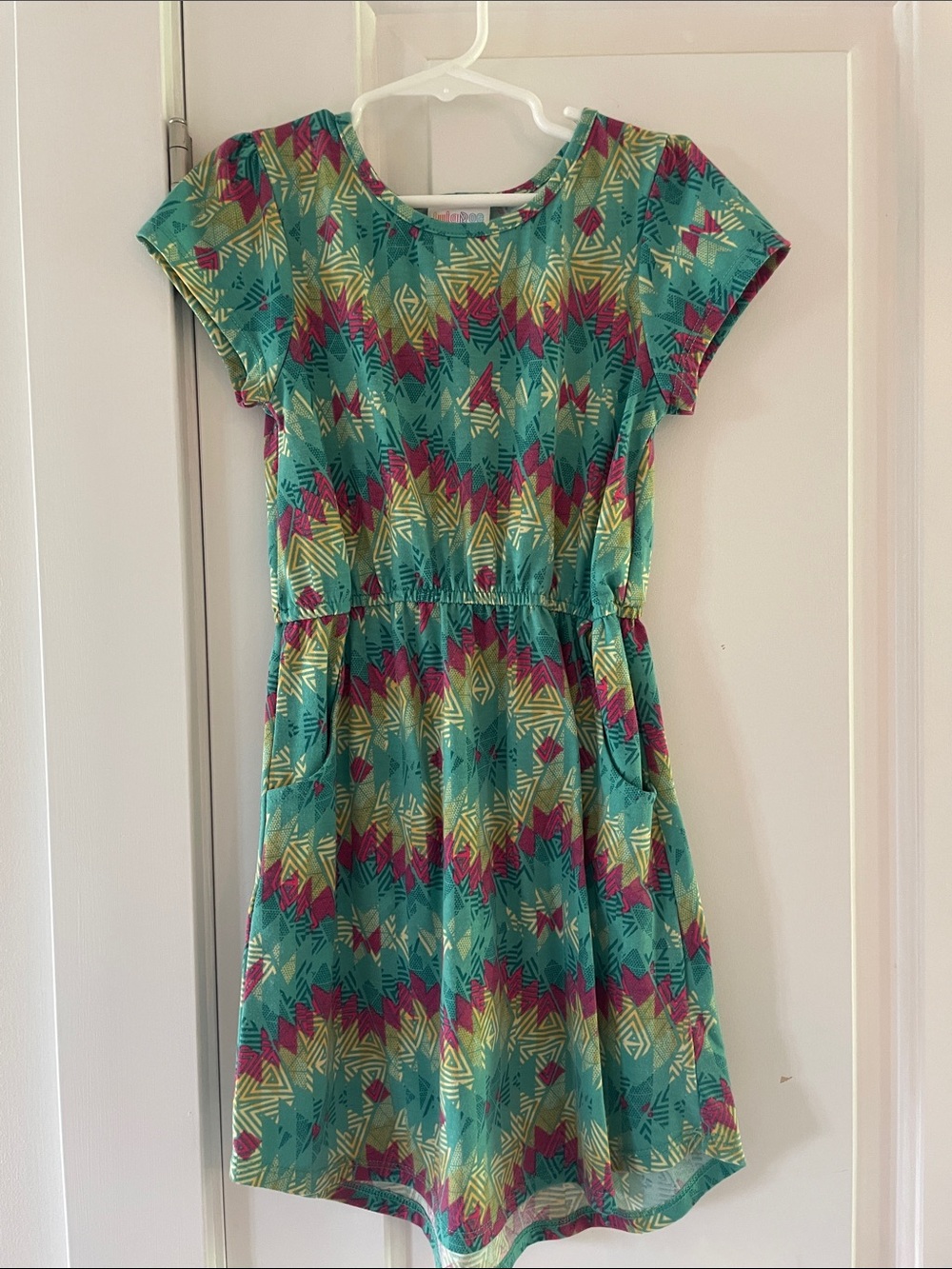 LuLaRoe Teal Dress with Pink and Yellow Aztec Print